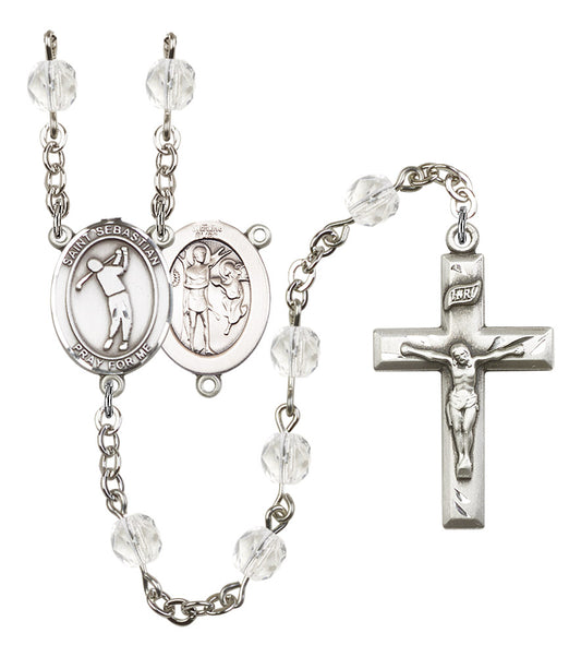 St. Sebastian / Golf Rosary, 6mm Fire Polished Crystal Beads, Silver Plate, # 16566