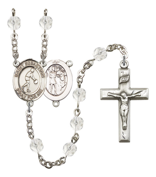 St. Sebastian / Basketball Rosary, 6mm Fire Polished Crystal Beads, Silver Plate, # 16567