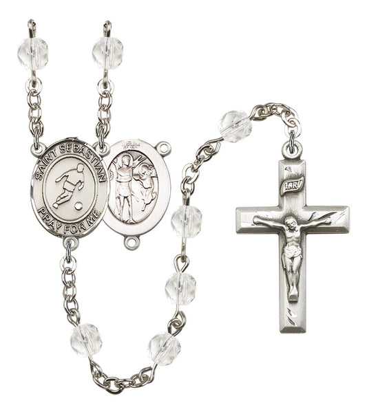 St. Sebastian / Soccer Rosary, 6mm Fire Polished Crystal Beads, Silver Plate, # 16568