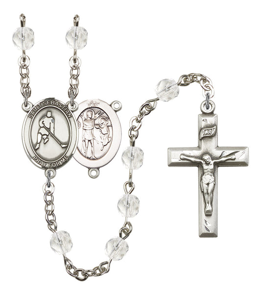 St. Sebastian / Ice Hockey Rosary, 6mm Fire Polished Crystal Beads, Silver Plate, # 16569