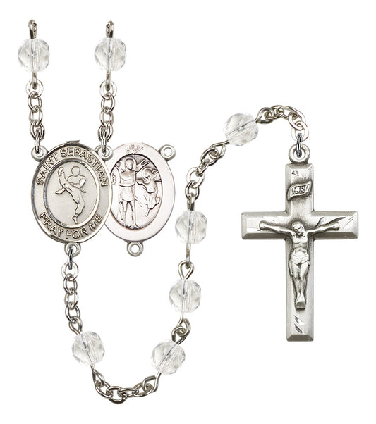 St. Sebastian / Martial Arts Rosary, 6mm Fire Polished Crystal Beads, Silver Plate, # 16572