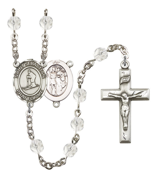St. Sebastian / Skiing Rosary, 6mm Fire Polished Crystal Beads, Silver Plate, # 16573