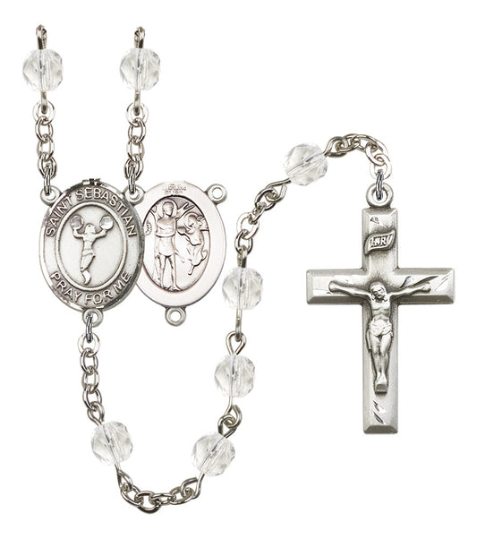 St. Sebastian / Cheerleading Rosary, 6mm Fire Polished Crystal Beads, Silver Plate, # 16574