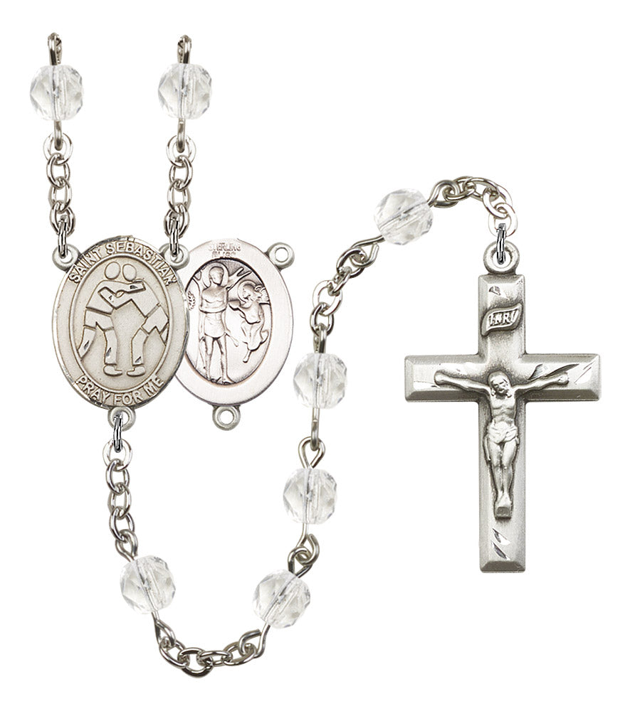 St. Sebastian / Wrestling Rosary, 6mm Fire Polished Crystal Beads, Silver Plate, # 16575
