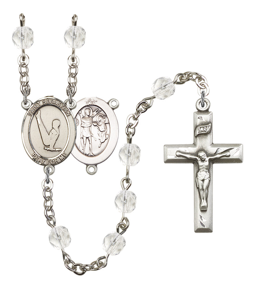 St. Sebastian / Gymnastics Rosary, 6mm Fire Polished Crystal Beads, Silver Plate, # 16576