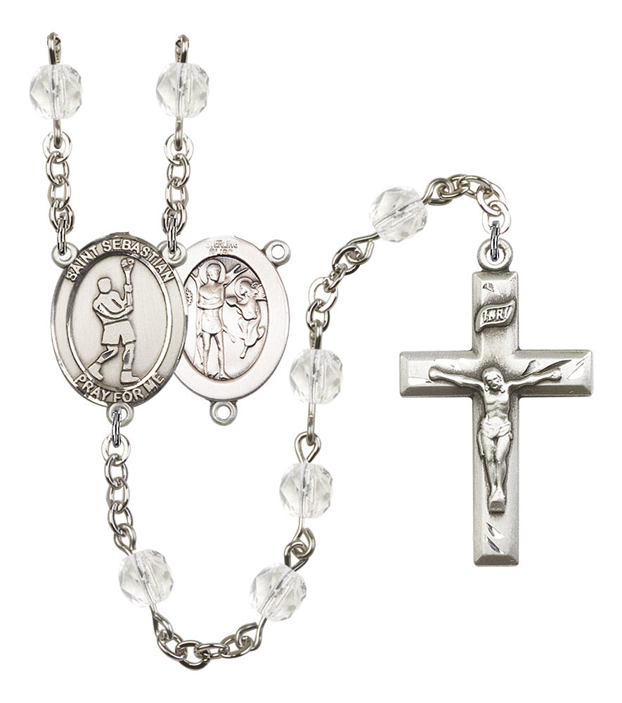 St. Sebastian / Lacrosse Rosary, 6mm Fire Polished Crystal Beads, Silver Plate, # 16578