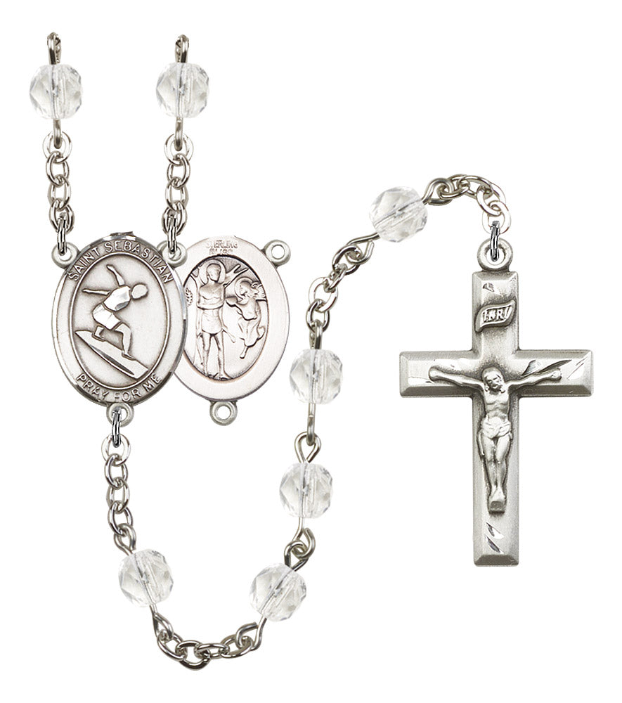 St. Sebastian / Surfing Rosary, 6mm Fire Polished Crystal Beads, Silver Plate, # 16579