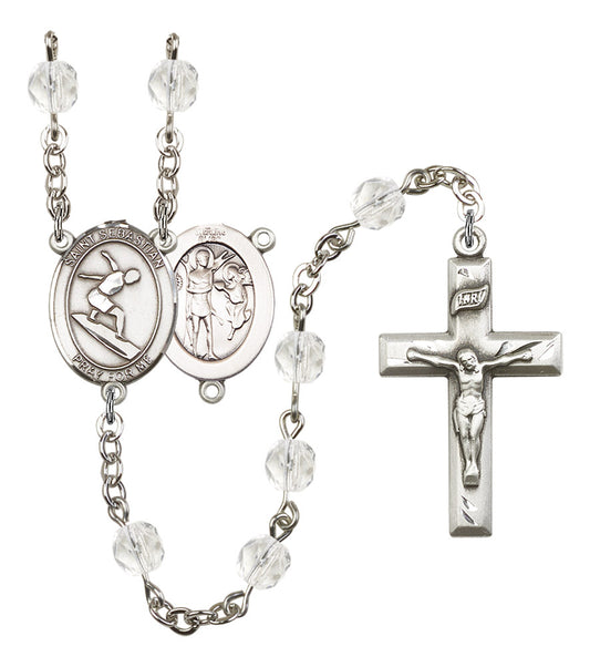 St. Sebastian / Surfing Rosary, 6mm Fire Polished Crystal Beads, Silver Plate, # 16579