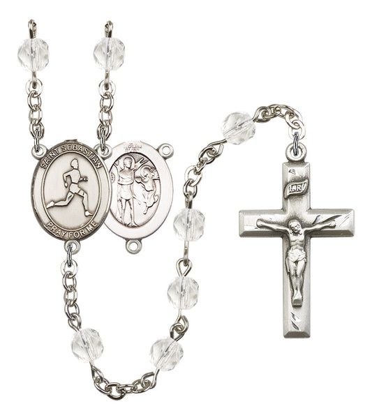St. Sebastian / Women's Track & Field Rosary, 6mm Fire Polished Crystal Beads, Silver Plate, # 16580