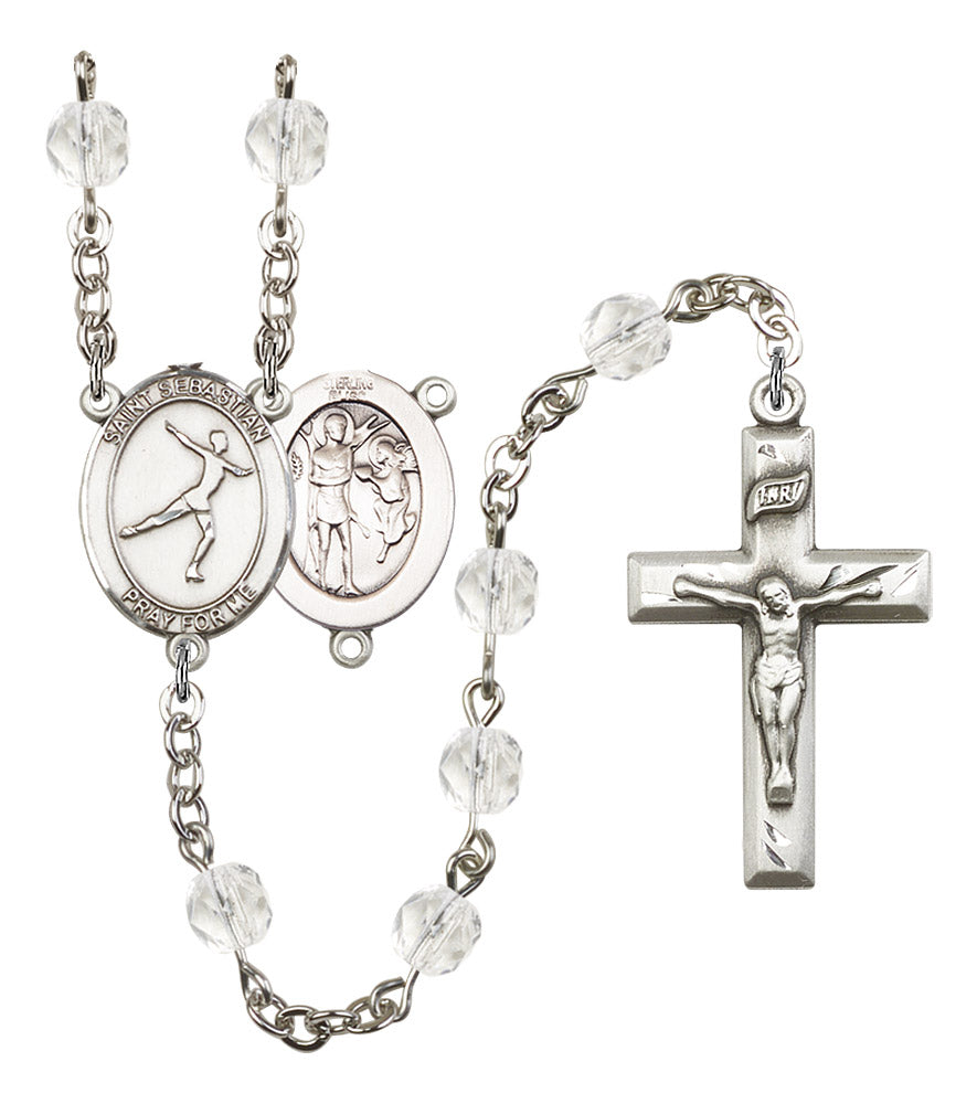 St. Sebastian / Figure Skating Rosary, 6mm Fire Polished Crystal Beads, Silver Plate, # 16581