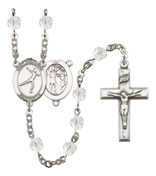 St. Sebastian / Figure Skating Rosary, 6mm Fire Polished Crystal Beads, Silver Plate, # 16581