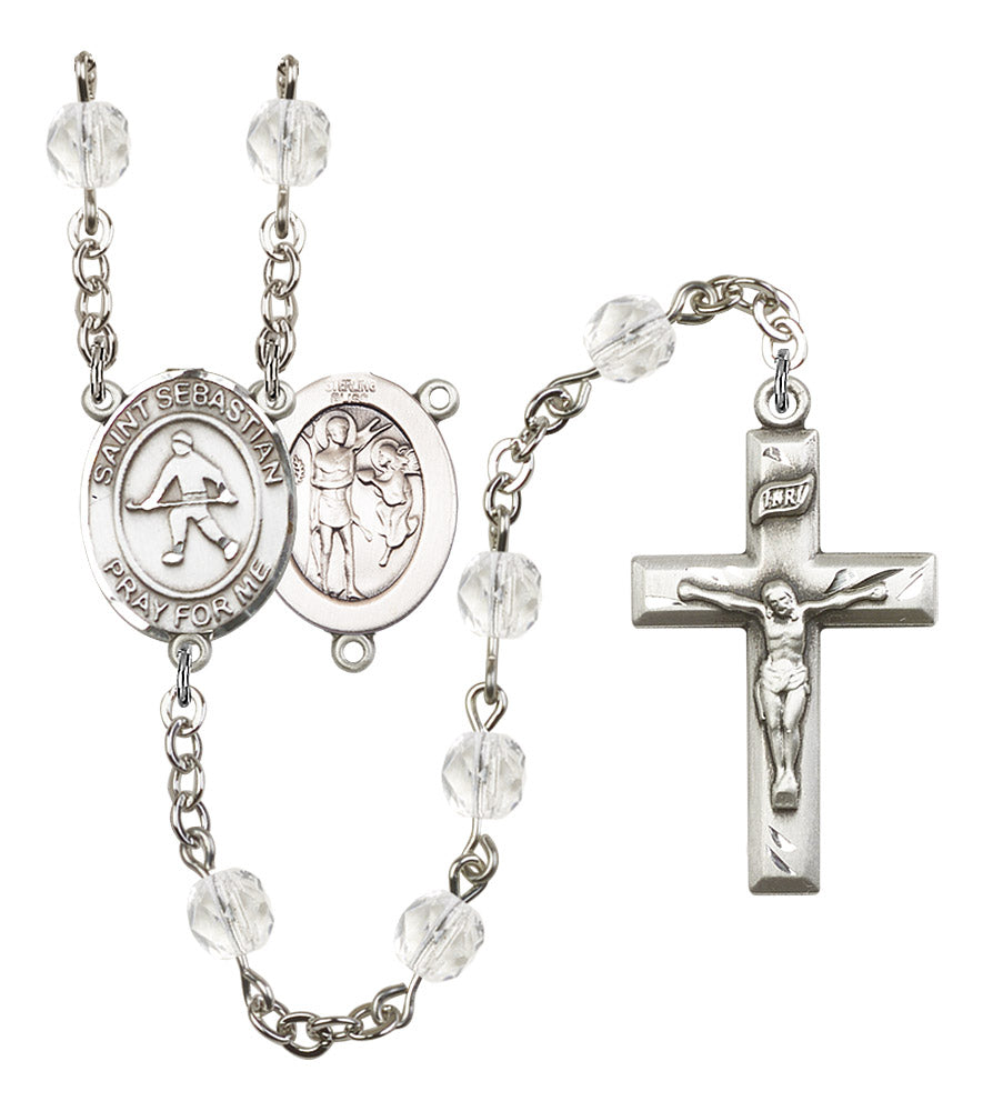 St. Sebastian / Field Hockey Rosary, 6mm Fire Polished Crystal Beads, Silver Plate, # 16582