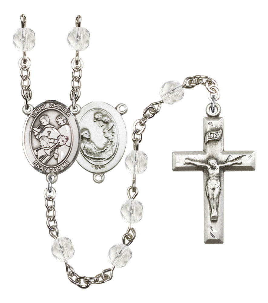 St. Cecilia / Marching Band Rosary, 6mm Fire Polished Crystal Beads, Silver Plate, # 16583