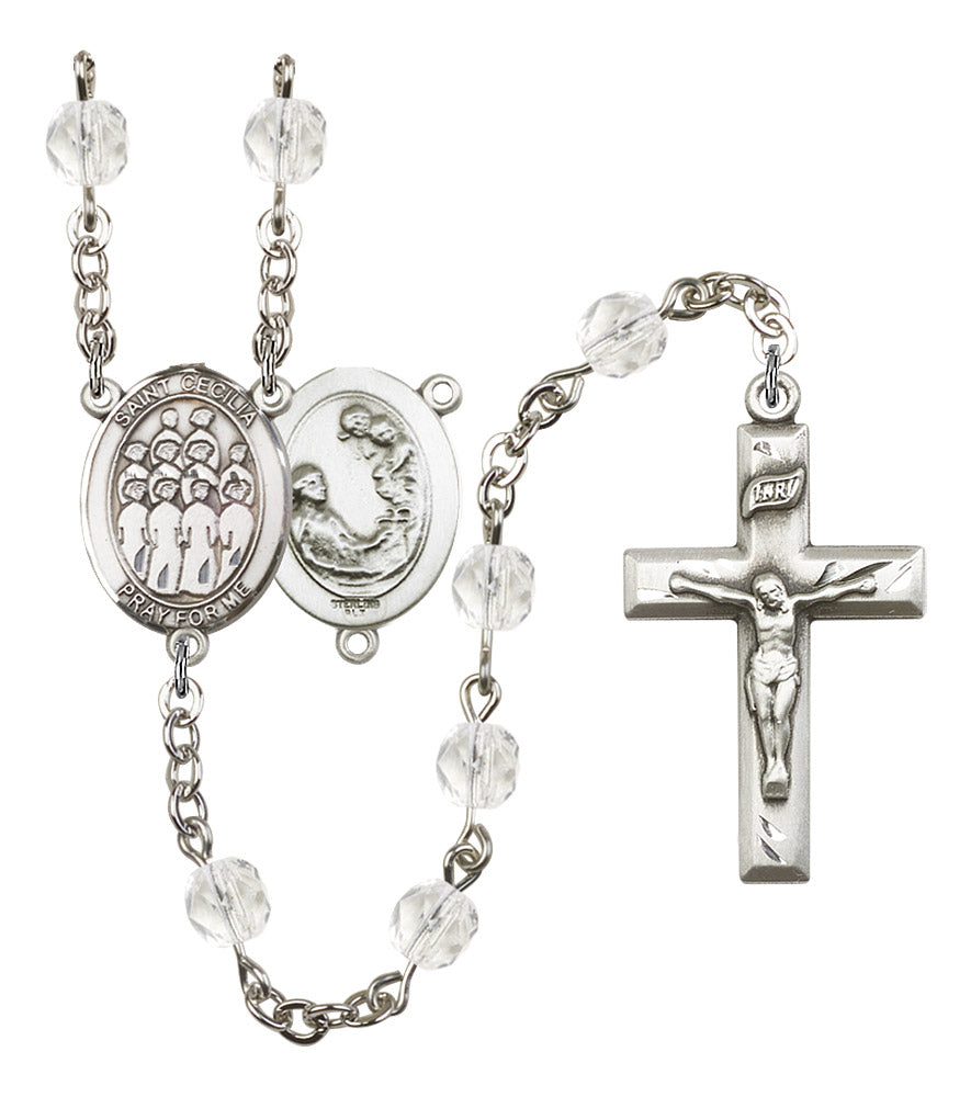 St. Cecilia / Choir Rosary, 6mm Fire Polished Crystal Beads, Silver Plate, # 16584