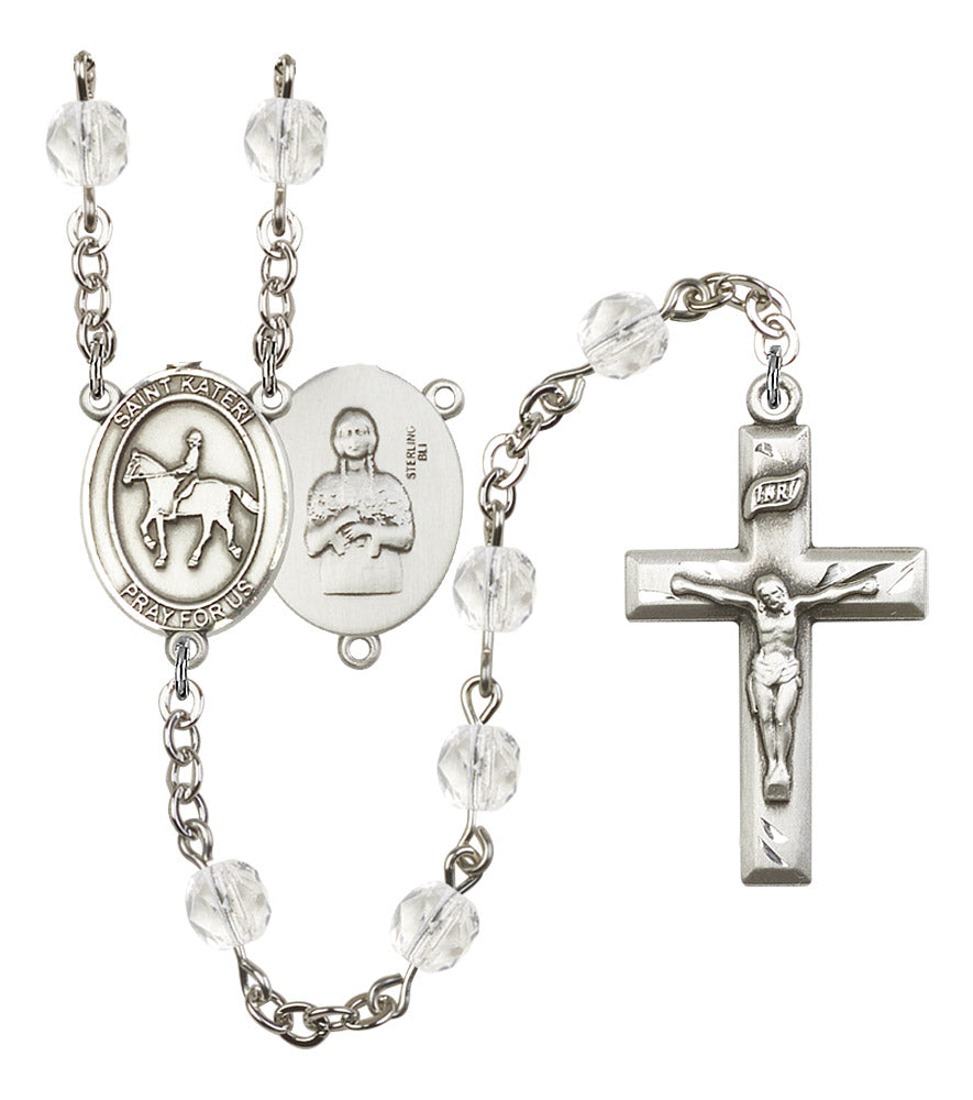 St. Kateri / Equestrian Rosary, 6mm Fire Polished Crystal Beads, Silver Plate, # 16586