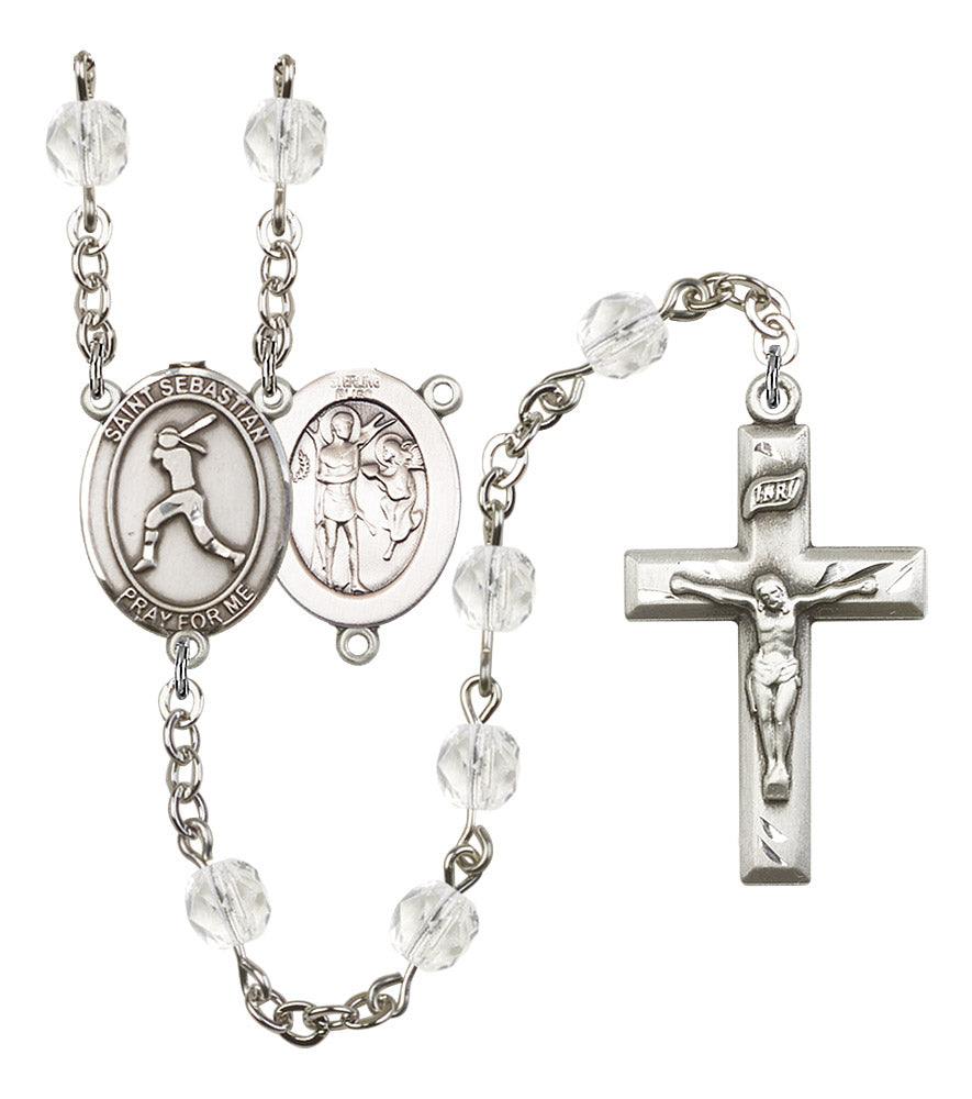 St. Sebastian / Women's Softball Rosary, 6mm Fire Polished Crystal Beads, Silver Plate, # 16587