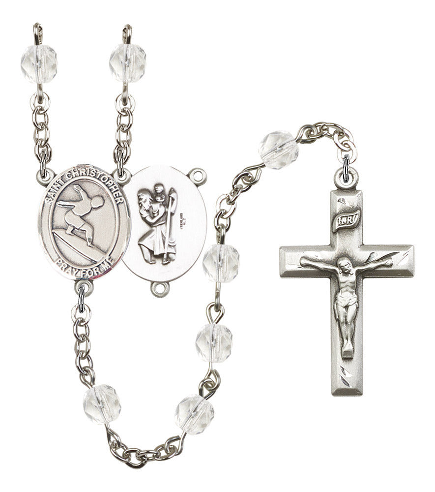 St. Christopher / Surfing Rosary, 6mm Fire Polished Crystal Beads, Silver Plate, # 16588