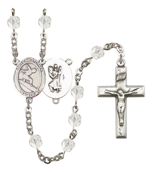 St. Christopher / Surfing Rosary, 6mm Fire Polished Crystal Beads, Silver Plate, # 16588