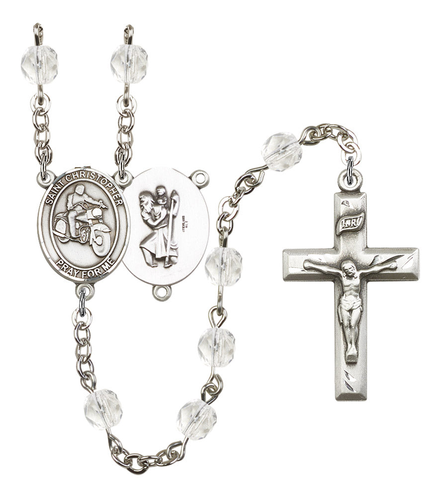 St. Christopher / Motorcycle Rosary, 6mm Fire Polished Crystal Beads, Silver Plate, # 16589