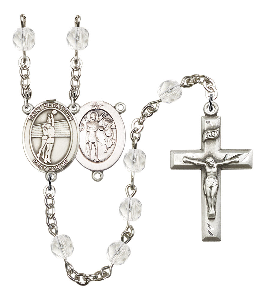 St. Sebastian / Women's Volleyball Rosary, 6mm Fire Polished Crystal Beads, Silver Plate, # 16590