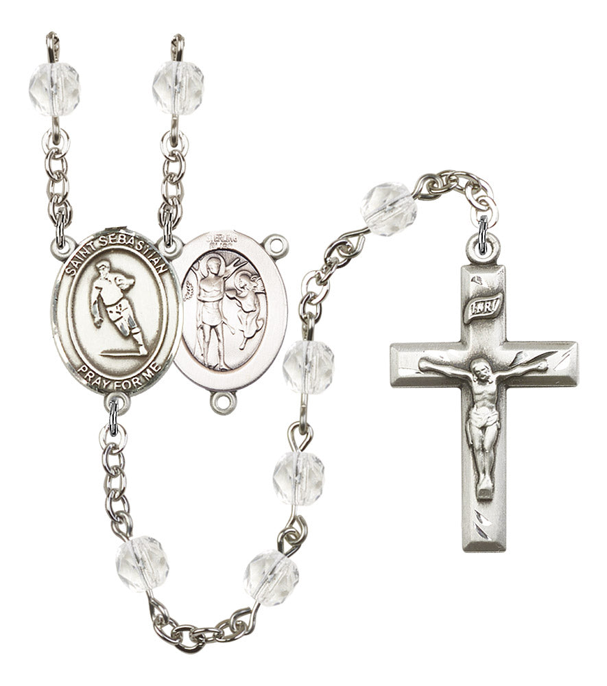 St. Sebastian / Rugby Rosary, 6mm Fire Polished Crystal Beads, Silver Plate, # 16591