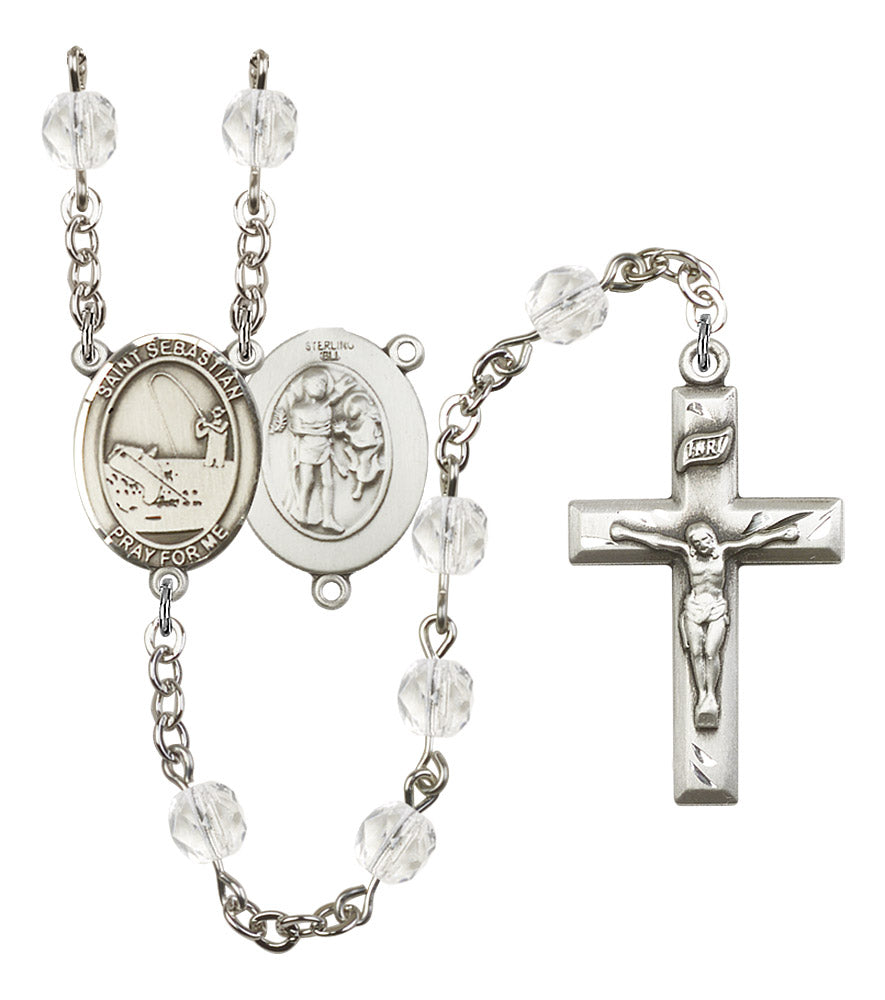 St. Sebastian / Fishing Rosary, 6mm Fire Polished Crystal Beads, Silver Plate, # 16592