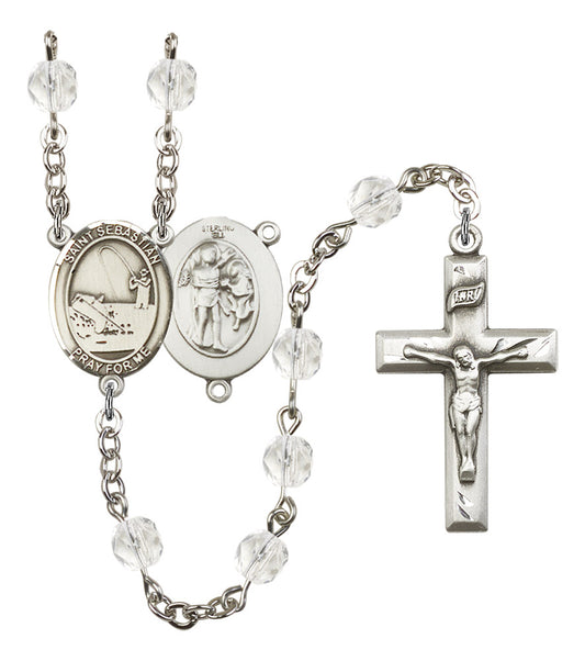 St. Sebastian / Fishing Rosary, 6mm Fire Polished Crystal Beads, Silver Plate, # 16592