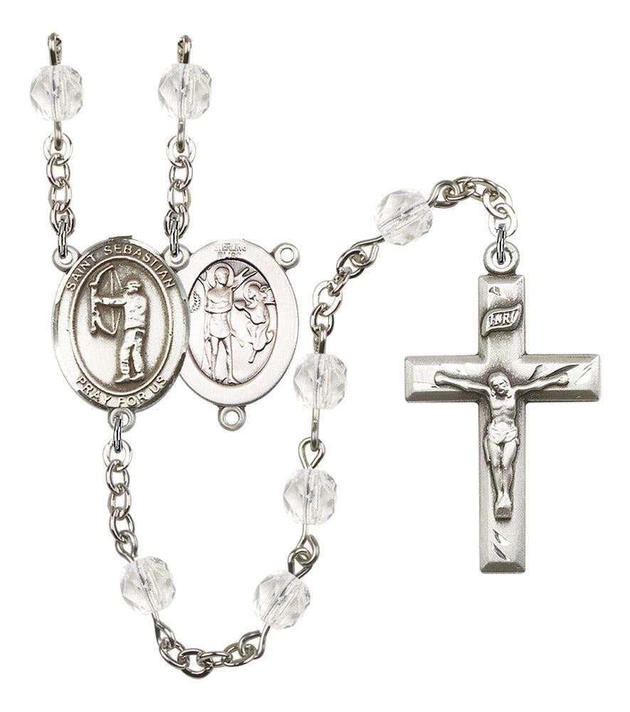 St. Sebastian / Archery Rosary, 6mm Fire Polished Crystal Beads, Silver Plate, # 16593