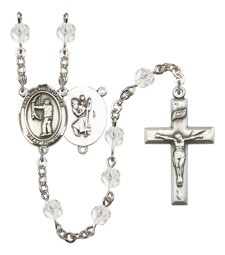 St. Christopher / Archery Rosary, 6mm Fire Polished Crystal Beads, Silver Plate, # 16594