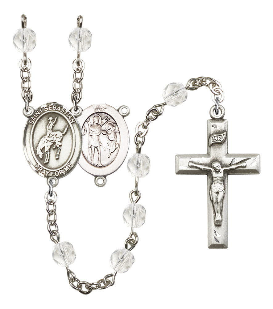 St. Sebastian / Rodeo Rosary, 6mm Fire Polished Crystal Beads, Silver Plate, # 16595