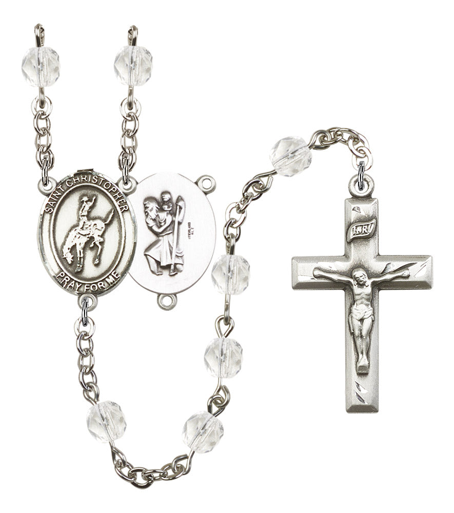 St. Christopher / Rodeo Rosary, 6mm Fire Polished Crystal Beads, Silver Plate, # 16596