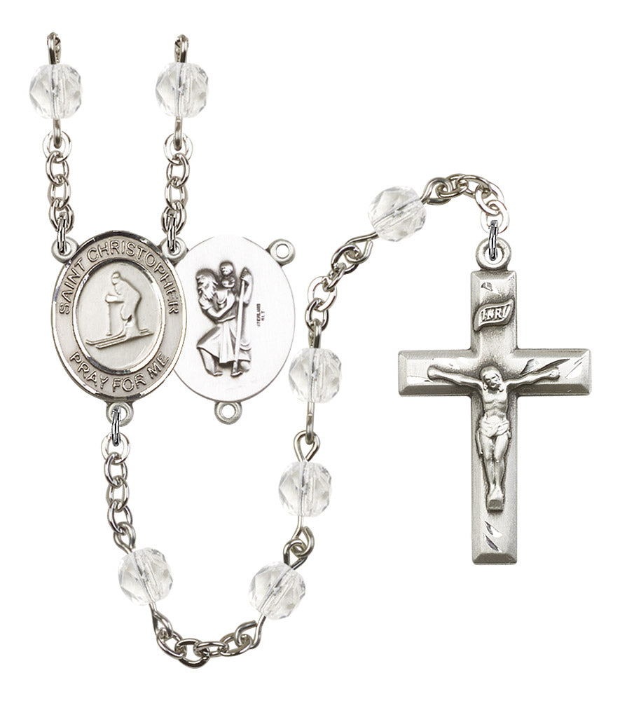 St. Christopher / Skiing Rosary, 6mm Fire Polished Crystal Beads, Silver Plate, # 16597