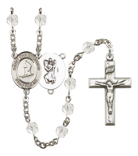 St. Christopher / Skiing Rosary, 6mm Fire Polished Crystal Beads, Silver Plate, # 16597