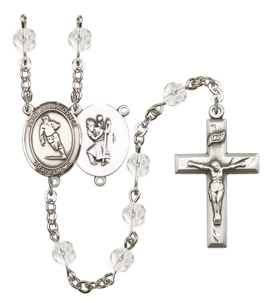 St. Christopher / Rugby Rosary, 6mm Fire Polished Crystal Beads, Silver Plate, # 16598