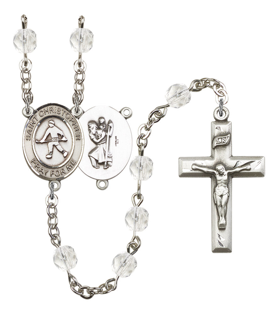 St. Christopher / Field Hockey Rosary, 6mm Fire Polished Crystal Beads, Silver Plate, # 16599