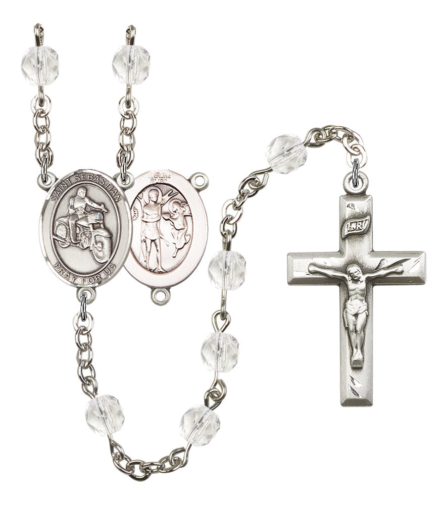 St. Sebastian / Motorcycle Rosary, 6mm Fire Polished Crystal Beads, Silver Plate, # 16601