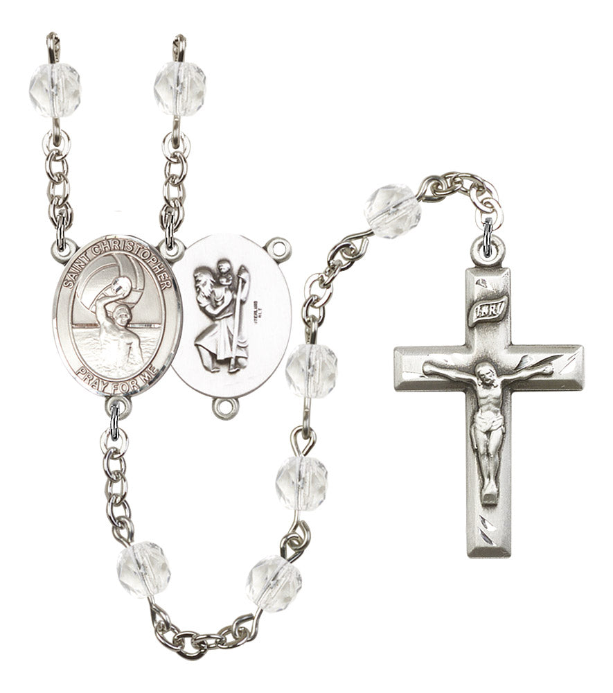 St. Christopher / Men's Water Polo Rosary, 6mm Fire Polished Crystal Beads, Silver Plate, # 16602