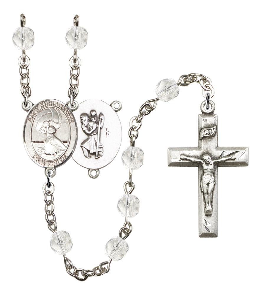 St. Christopher / Women's Water Polo Rosary, 6mm Fire Polished Crystal Beads, Silver Plate, # 16603