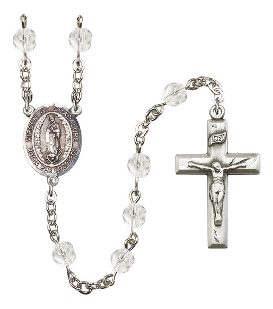 Virgen de Guadalupe Spanish Rosary, 6mm Fire Polished Crystal Beads, Silver Plate, # 16613