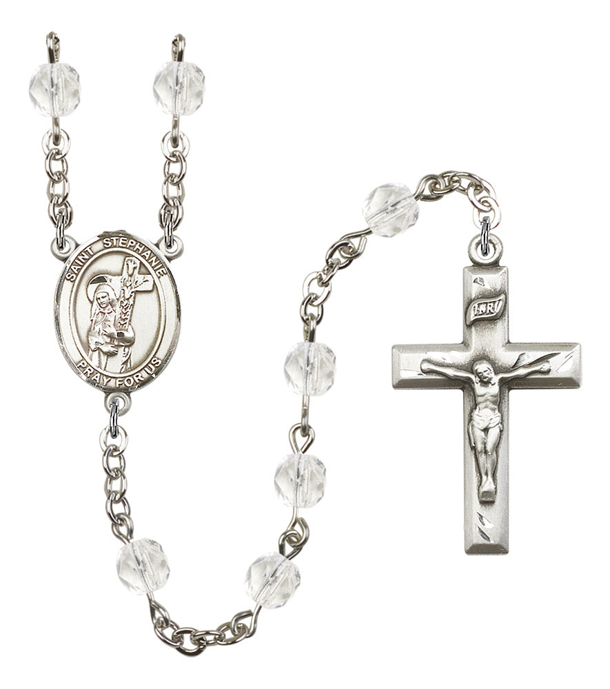 St. Stephanie Rosary, 6mm Fire Polished Crystal Beads, Silver Plate, # 16637