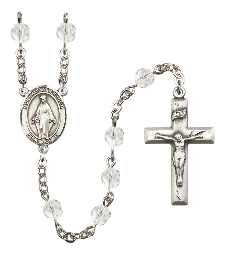 Our Lady of Lebanon Rosary, 6mm Fire Polished Crystal Beads, Silver Plate, # 16638