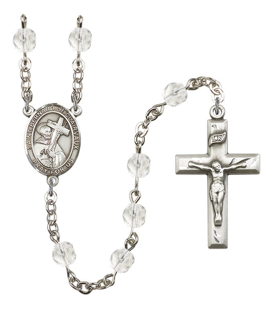 St. Bernard of Clairvaux Rosary, 6mm Fire Polished Crystal Beads, Silver Plate, # 16642