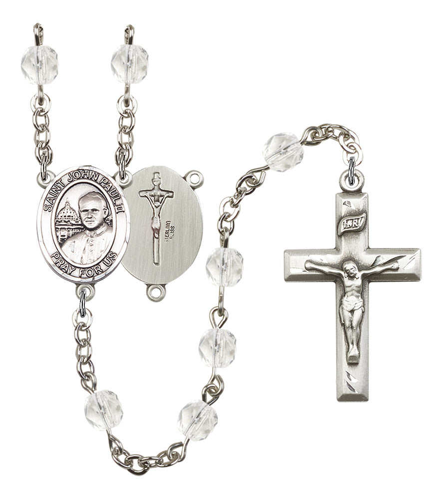 St. John Paul II Rosary, 6mm Fire Polished Crystal Beads, Silver Plate, # 16643