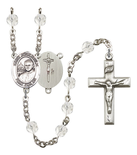 St. John Paul II Rosary, 6mm Fire Polished Crystal Beads, Silver Plate, # 16643
