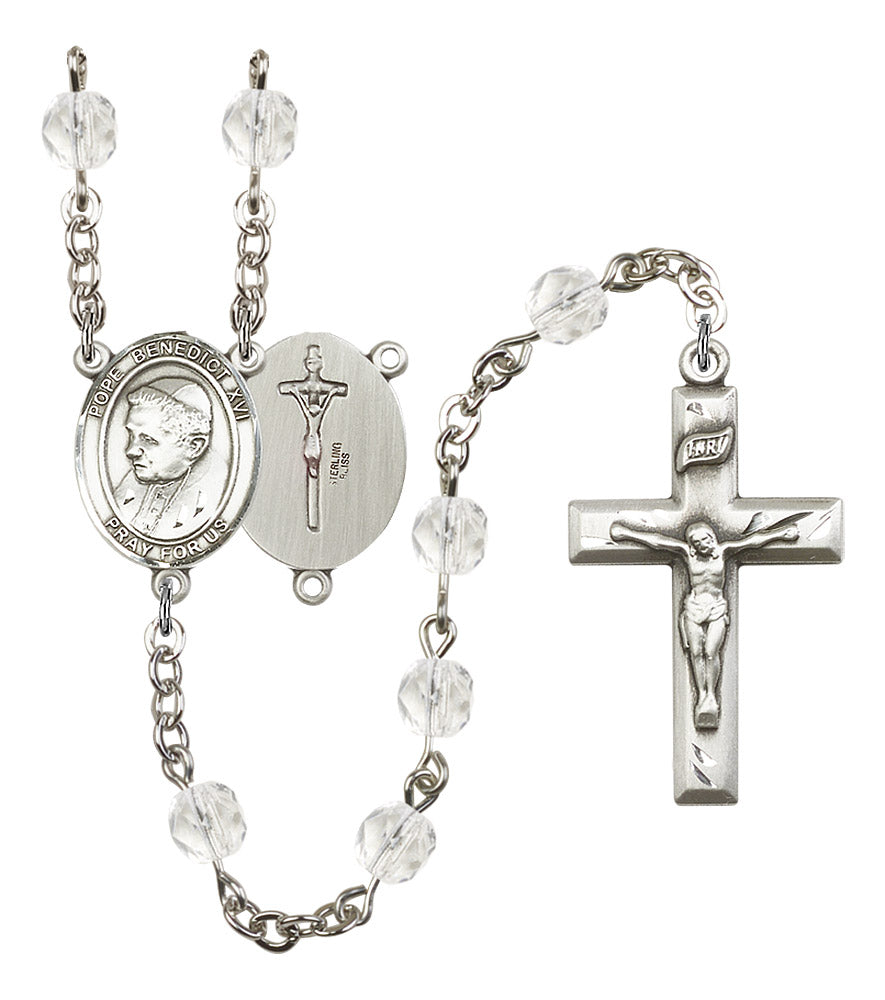 Pope Emeritace Benedict XVI Rosary, 6mm Fire Polished Crystal Beads, Silver Plate, # 16644