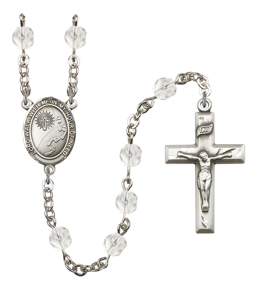 St. Footprints / Cross Rosary, 6mm Fire Polished Crystal Beads, Silver Plate, # 16646