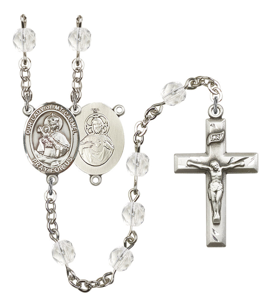 Our Lady of Mount Carmel Rosary, 6mm Fire Polished Crystal Beads, Silver Plate, # 16652