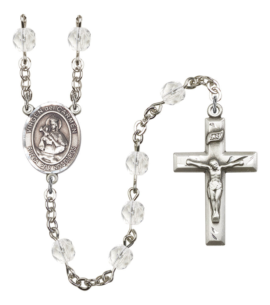 Virgen del Carmen Spanish Rosary, 6mm Fire Polished Crystal Beads, Silver Plate, # 16653