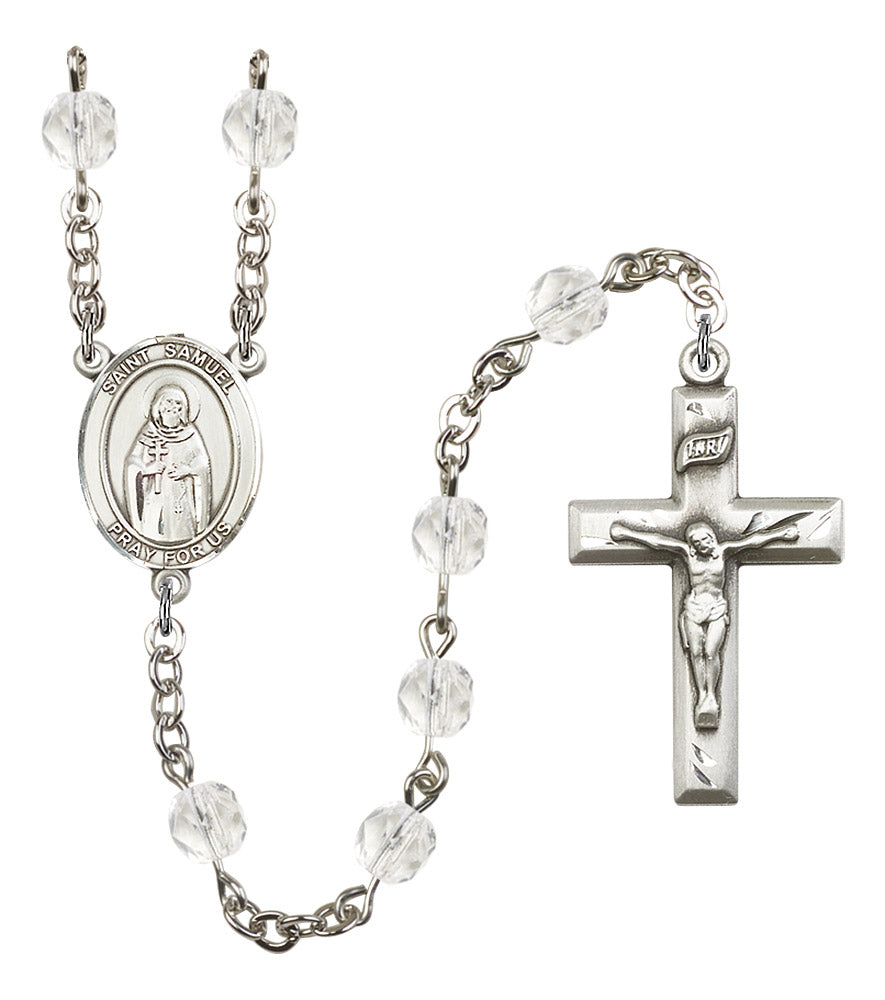 St. Samuel Rosary, 6mm Fire Polished Crystal Beads, Silver Plate, # 16669