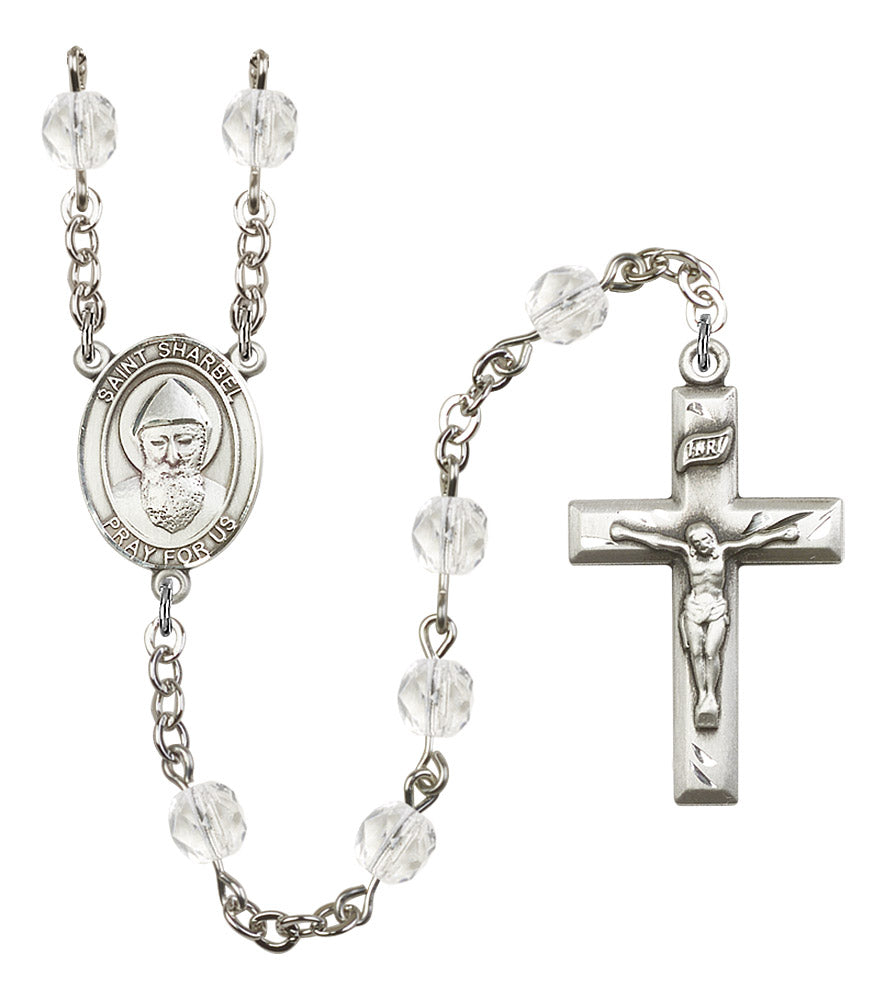 St. Sharbel Rosary, 6mm Fire Polished Crystal Beads, Silver Plate, # 16680